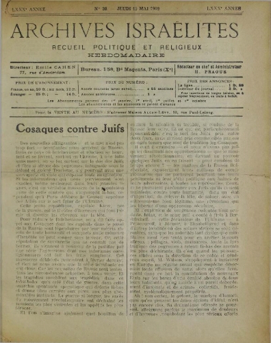 Archives israélites de France. Vol.80 N°20 (15 mai 1919)
